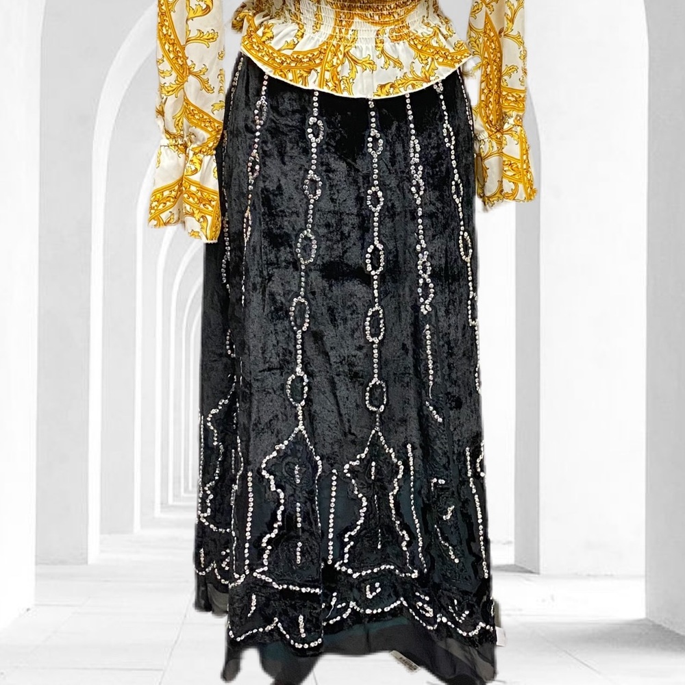CAROLE LITTLE black velvet midi skirt silver sequins